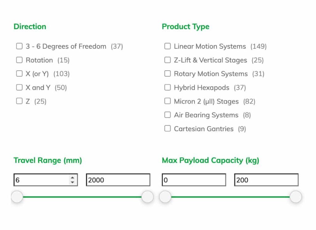 Filter system on ALIO Industries website - Product Configurator