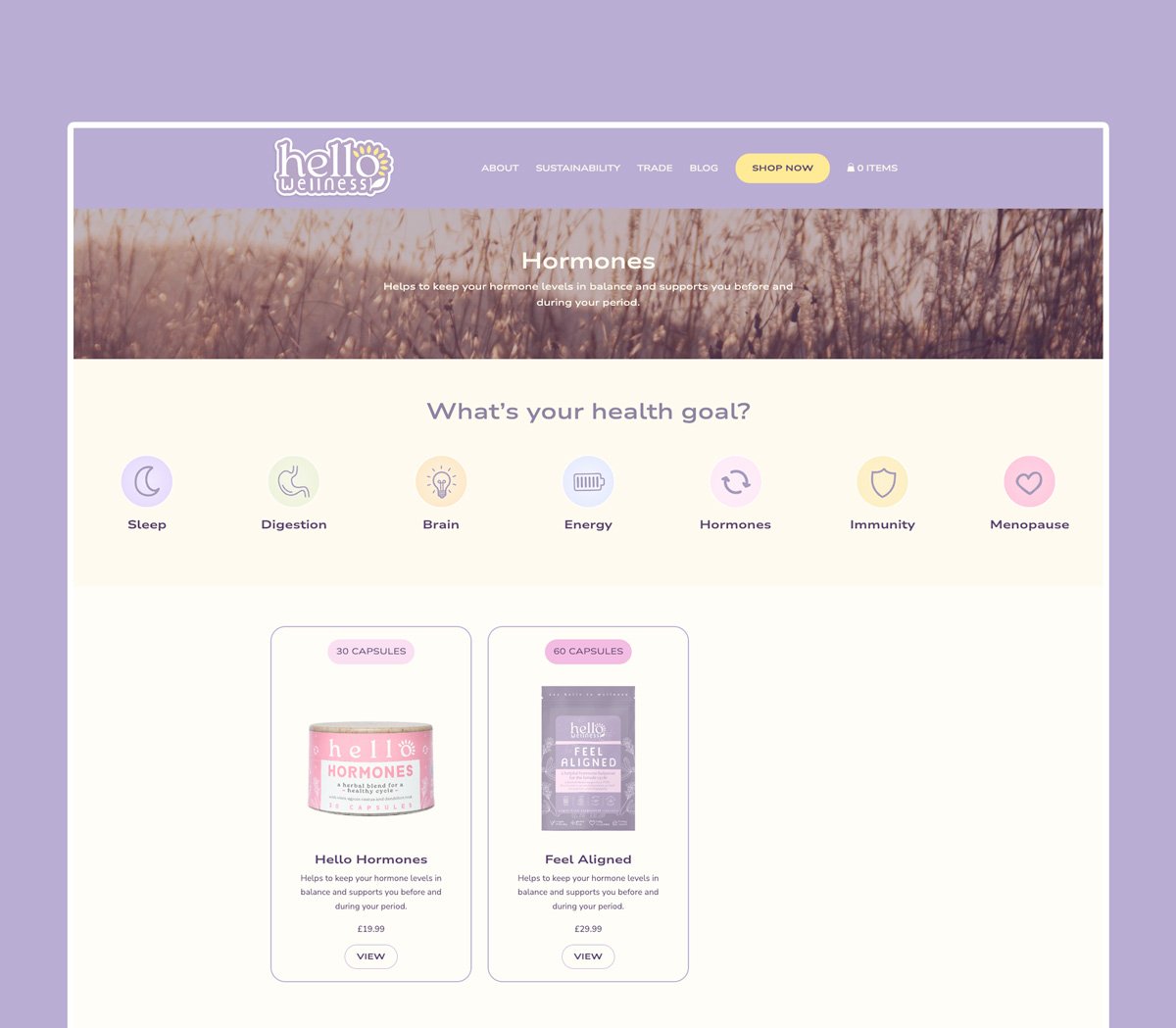 Shop Page for Hello Wellness