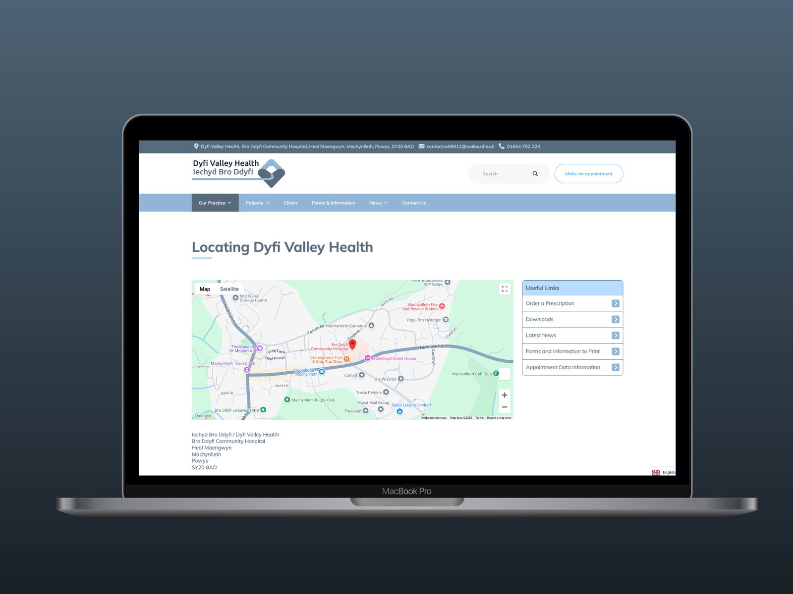 The location page for Dyfi Valley Health with Google maps interaction